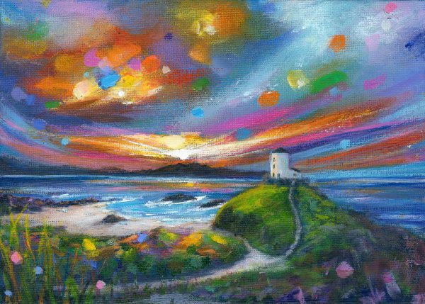 Colourful contemporary landscape of Llanddwyn lighthouse at sunset. by Anglesey artist Deborah Kempton