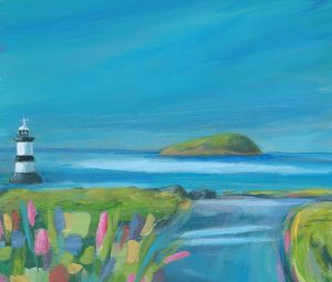 Contemporary landscape of the road leading towards the view of Penmon lighthouse and Puffin Island by Anglesey artist Deborah Kempton