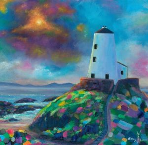 Contemporary landscape at sunset of Llanddwyn island and lighthouse by Anglesey artist Deborah Kempton
