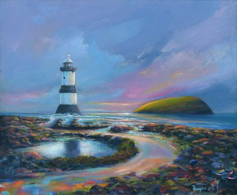 Contemporary landscape seascape of Penmon lighthouse and Puffin Island by Anglesey artist Deborah Kempton