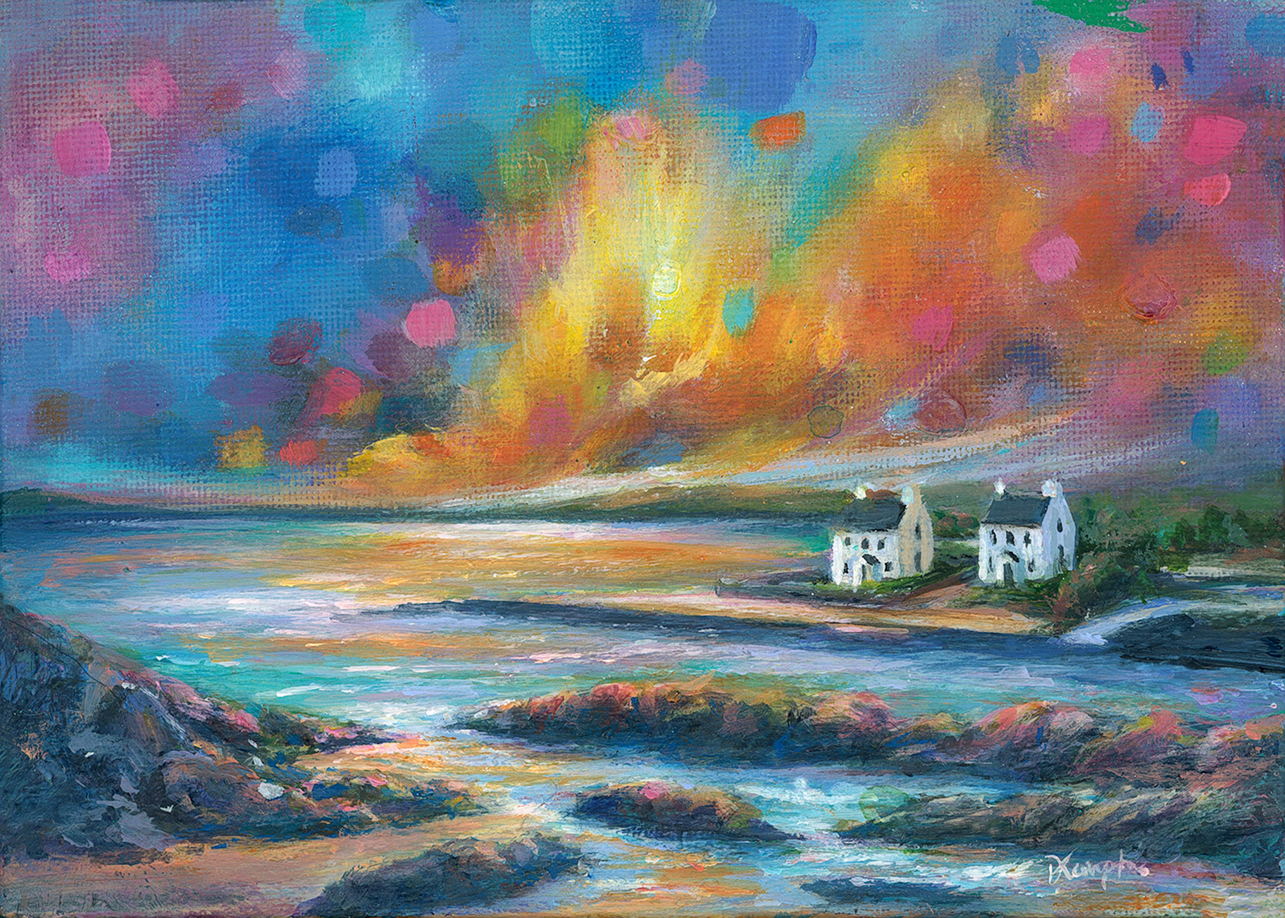 Contemporary colourful seascape landscape of the pilot's cottages at Penmon Beaumaris by Anglesey artist Deborah Kempton