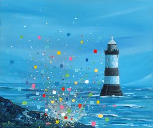 Contemporary seascape of Pemon lighthouse with colourful sea spray by Anglesey artist Deborah Kempton