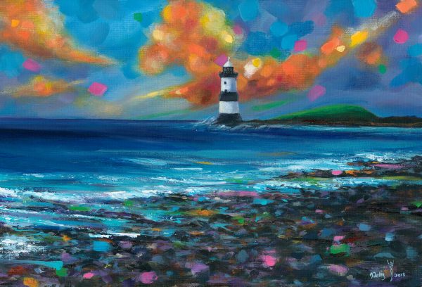 Colourful contemporary landscape of the night sky over Penmon lighthouse and beach Beaumaris by Anglesey artist Deborah Kempton