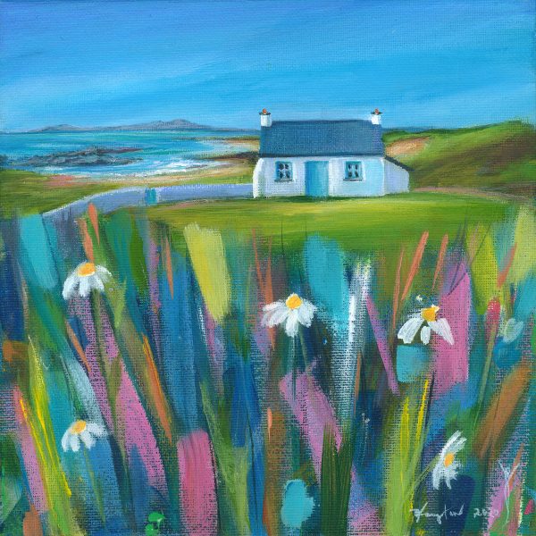 Colourful contemporary image of Tyn Towyn cottage in the summer by Anglesey artist Deborah Kempton