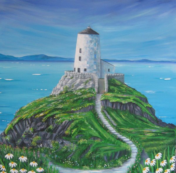 Contemporary landscape of Llanddwyn lighthouse with daisies in the foreground by Anglesey artist deborahkempton.co.uk