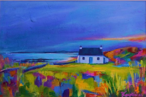 Colourful, contemporary image of Tyn Towyn, welsh cottage by Anglesey artist Deborah Kempton