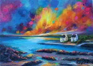Colourful atmospheric landscape/seascape of the pilot cottages at Penmon Point Anglesey.