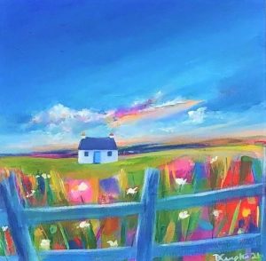 Colourful contemporary landscape with an old welsh cottage by Anglesey artist Deborah Kemptonwith a