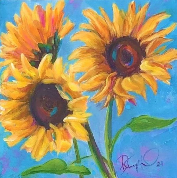 Colourful, contemporary original painting of 3 sunflowers by Anglesey artist Deborah Kempton