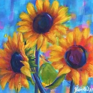 Colourful, contemporary original painting of 3 sunflowers by Anglesey artist Deborah Kempton