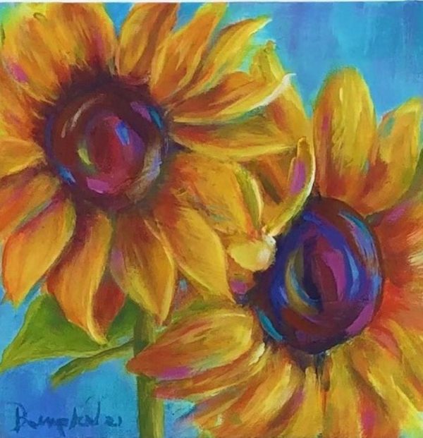 Colourful, contemporary image of two sunflowers by Aglesey artist Deborah Kempton