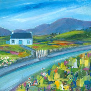 Contemporary landscape of a little cottage in the mountains by Anglesey artist deborahkempton.co.uk