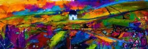 Welsh cottage set in a colourful semi abstracted landscape by Anglesey artist Deborah Kempton