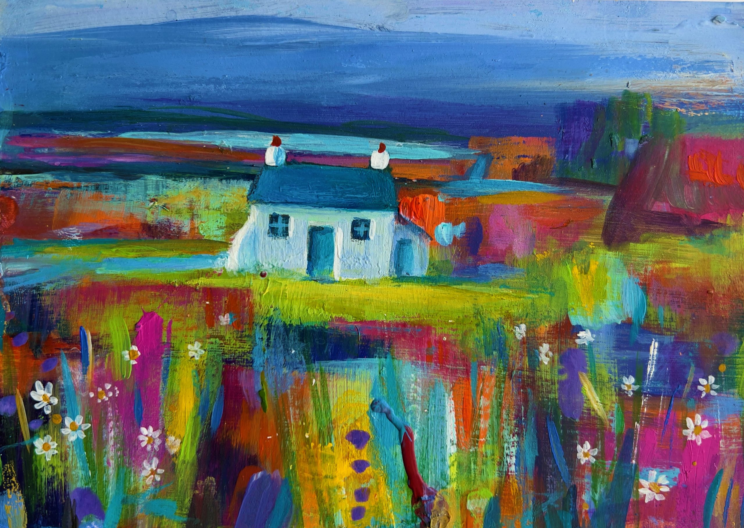 colourful contemporary landscape of the little cottage Tyn Towyn Anglesey by artist deborahkempton.co.uk