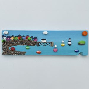 Beaumaris colourful houses and beach with puffin islan and Penmon lighthouse by Anglesey artistsdeborahkempton.co.u