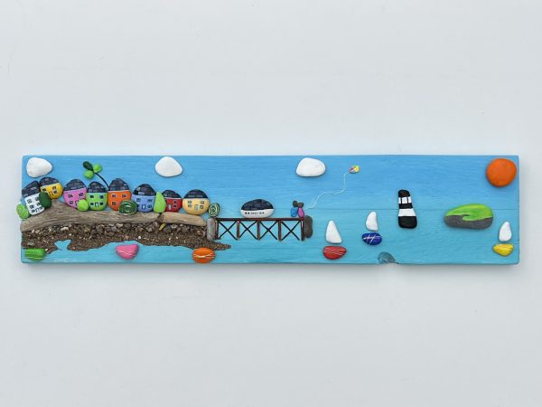 Beaumaris colourful houses ,pier and penmon lighthouse pebblescape by Anglesey artist www.Deborah Kempton.co.uk