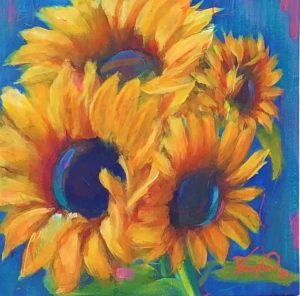 Four sunflowers by contemporary anglesey artist www.deborahkempton.co.uk