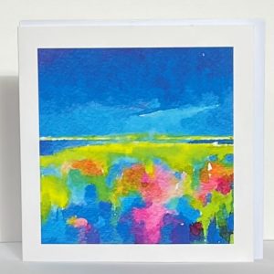 semi abstract card looking across the summer marshes by anglesey artist www.deborahkempton.co.uk