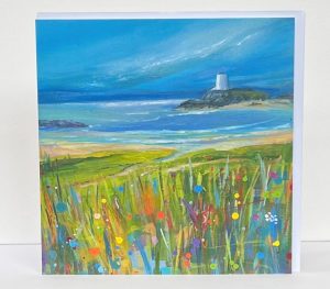 art card of llanddwyn beach and lighthouse by anglesey artist deborah kempton.