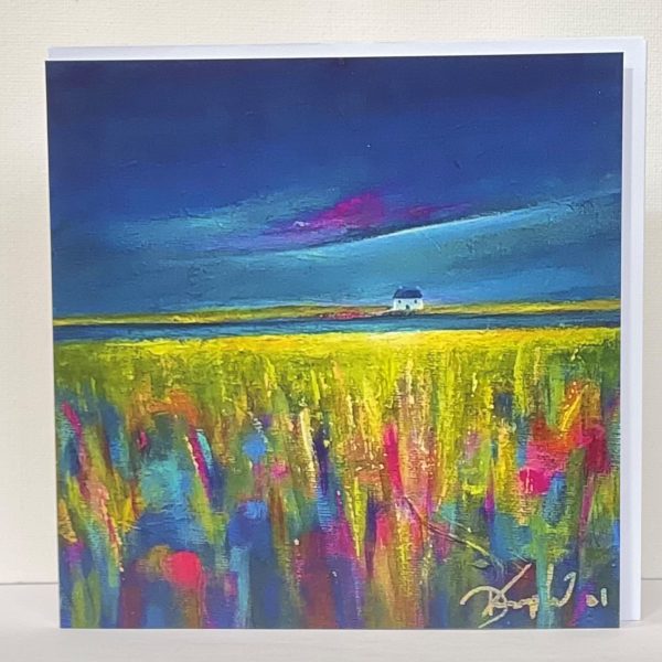 contemporary art card of a landscape looking out towards a distant cottage under the moonlight by www.deborahkempton.co.uk
