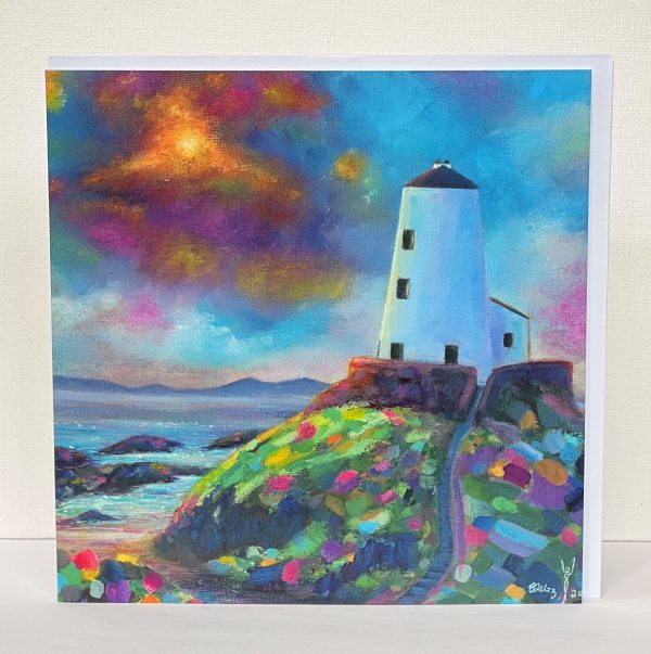 contemporary art card of llanddwyn lighthouse as the sun sets by anglesey artist www.deborahkempton.co.uk