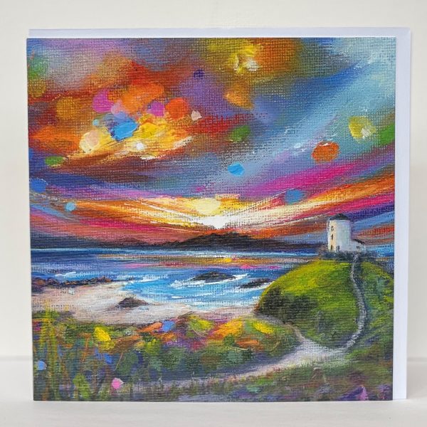 contemporary greeting card of llanddwyn island undera colourful night sky