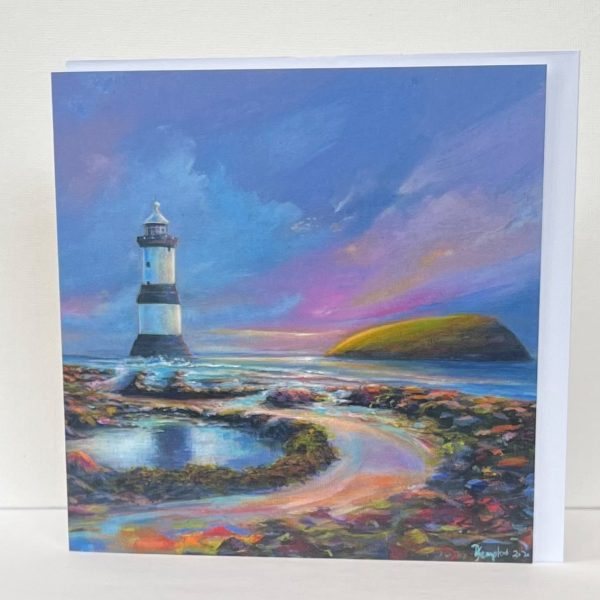contemporary card of penmon lighthouse in the evening light with puffin island by anglesey artistwww.deborahkempton.co.uk
