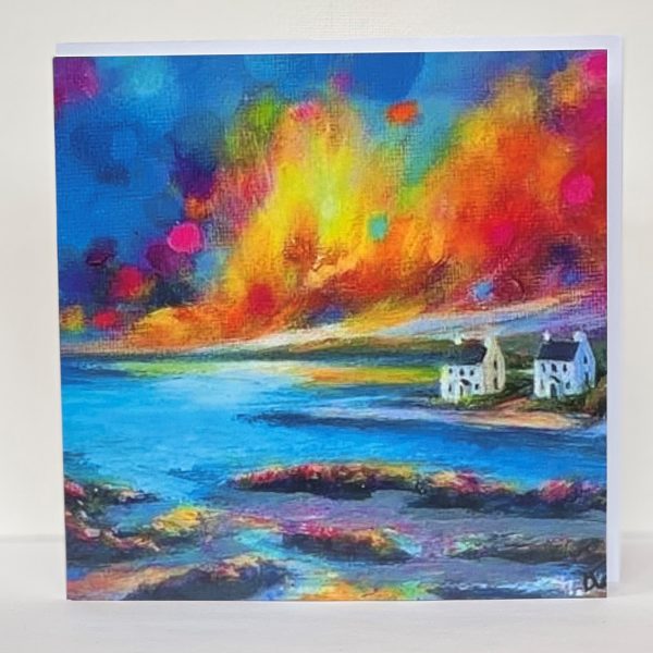 contemporary greeting card of the pilots cottages at penmon with a colourful evening sky by anglesey artist www.deborhkempton.co.uk