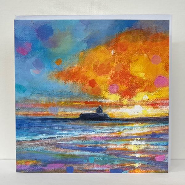 contemporary greeting card of st cwyfan's church in the sea under a colourful evening sky by anglesey artist www.deborahkempton.co.uk