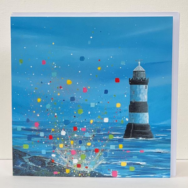 contemporary greeting card of penmon lighthouse with a colourful spay of water hitting a rock in the foreground by anglesey artist www.deborahkempton.co.uk