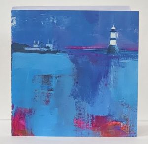 semi abstract art card of penmon light house and the pilots cottages by anglesey artist deborah kempton