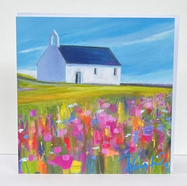 contemporary card of st cwyfan's church on a beautiful summers day by anglesey artist www.deborahkempton.co.uk