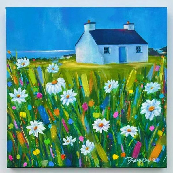 contemporary landscape panting of Tyn Towyn cottage in a colourful garden full of daisies by anglesey artist deborahkempton.co.uk