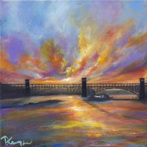 britannia bridge at sunset by contemporary anglesey artist www.deborahkempton.co.uk