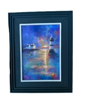 penmon-lighthouse-and pilots-cottages seen-from-the-sea-as-the-sun-rests-on-the-horozon-by-anglesey-artist-deborah-kempton
